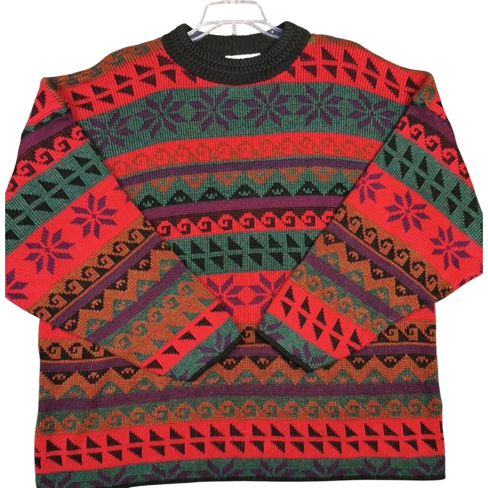 Vintage 90s Fair Isle Geometric Knit Sweater Mens XL Made USA Grandpa Cozy
